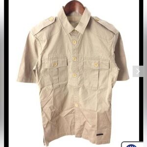 Burberry Brit Khaki Short Sleeve Safari Military Style Shirt SZ XL